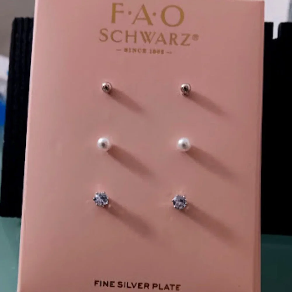 FAO SCHWARZ 3pc SET Silver Plated Round CZ/Silver Ball/Pearl Stud Earrings**NEW!